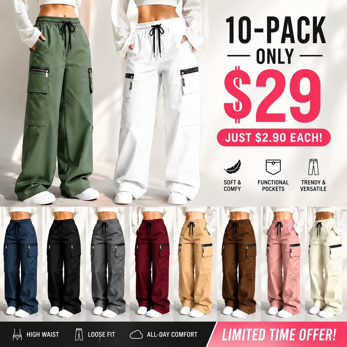 👍🔥Limited-Time 🔥Women’s lightweight loose cargo pants with multiple pockets