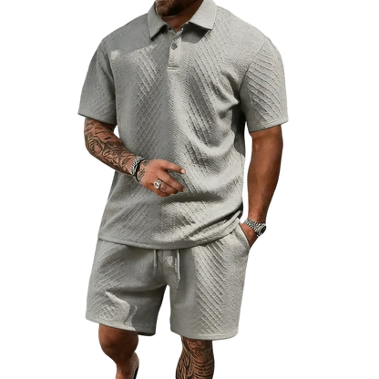 Men's summer casual texture fabric solid color polo shirt T-shirt shorts 2-piece set
