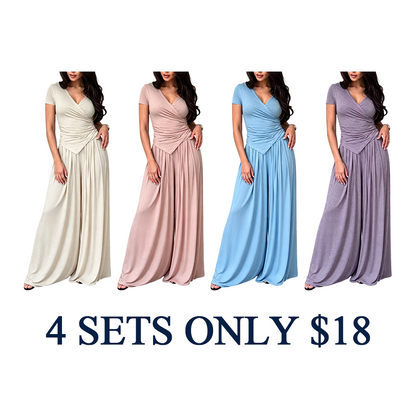 Women's Wrap V-Neck Wide Leg Two-Piece Set