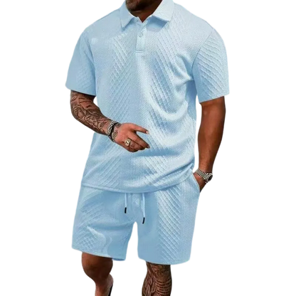 Men's summer casual texture fabric solid color polo shirt T-shirt shorts 2-piece set