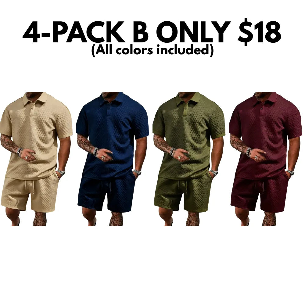 Men's summer casual texture fabric solid color polo shirt T-shirt shorts 2-piece set