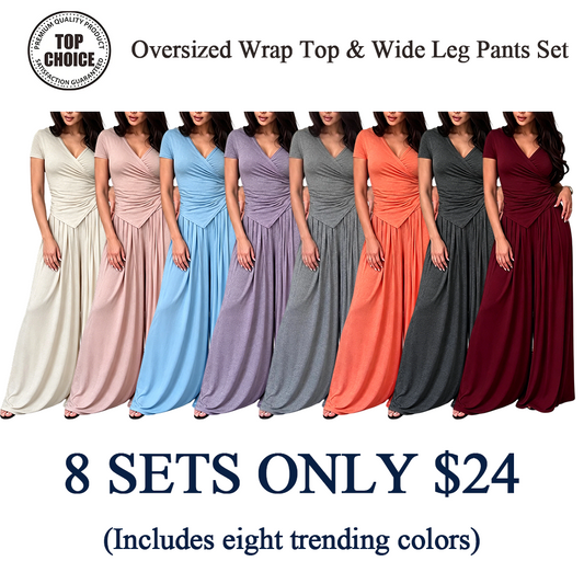 Women's Wrap V-Neck Wide Leg Two-Piece Set