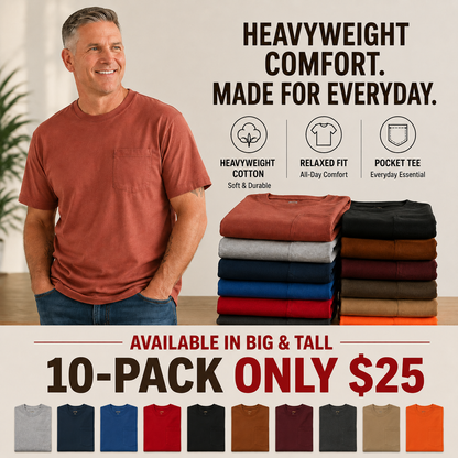 🔥Men's Heavyweight Cotton Pocket T-Shirt – Relaxed Fit Everyday Casual Tee | Big & Tall Available