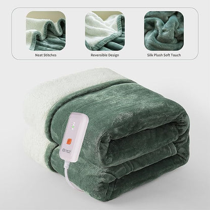 Electric Heated Wearable Blanket - Flannel & Sherpa,  6 Heating Levels & Timer, Wearable with Built-in Foot Pockets & Sleeves