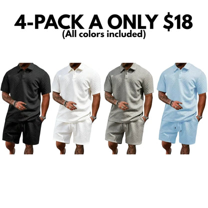 Men's summer casual texture fabric solid color polo shirt T-shirt shorts 2-piece set