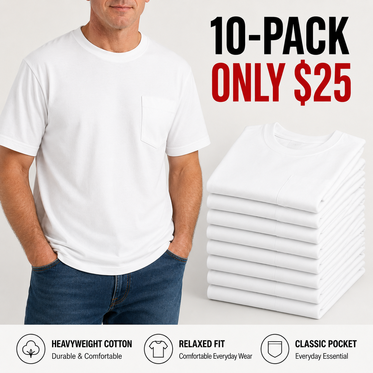 🔥Men's Heavyweight Cotton Pocket T-Shirt – Relaxed Fit Everyday Casual Tee | Big & Tall Available