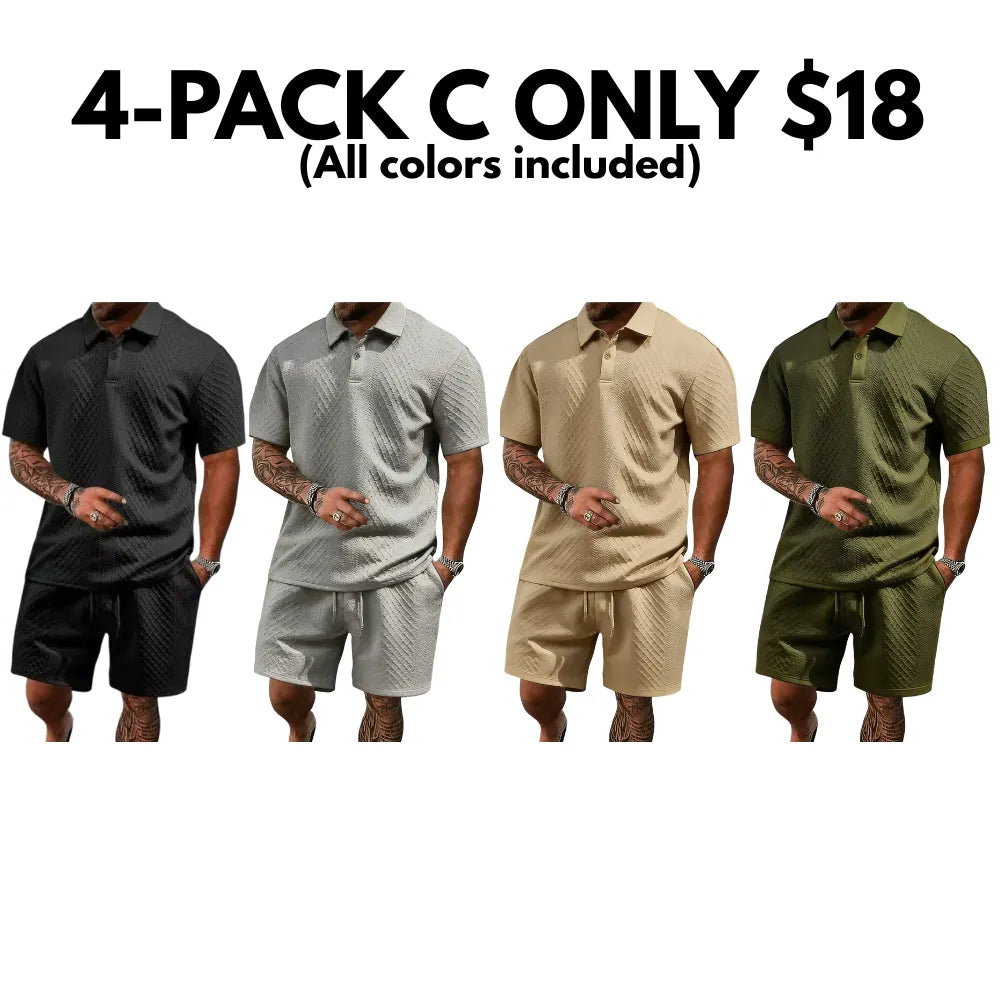 Men's summer casual texture fabric solid color polo shirt T-shirt shorts 2-piece set