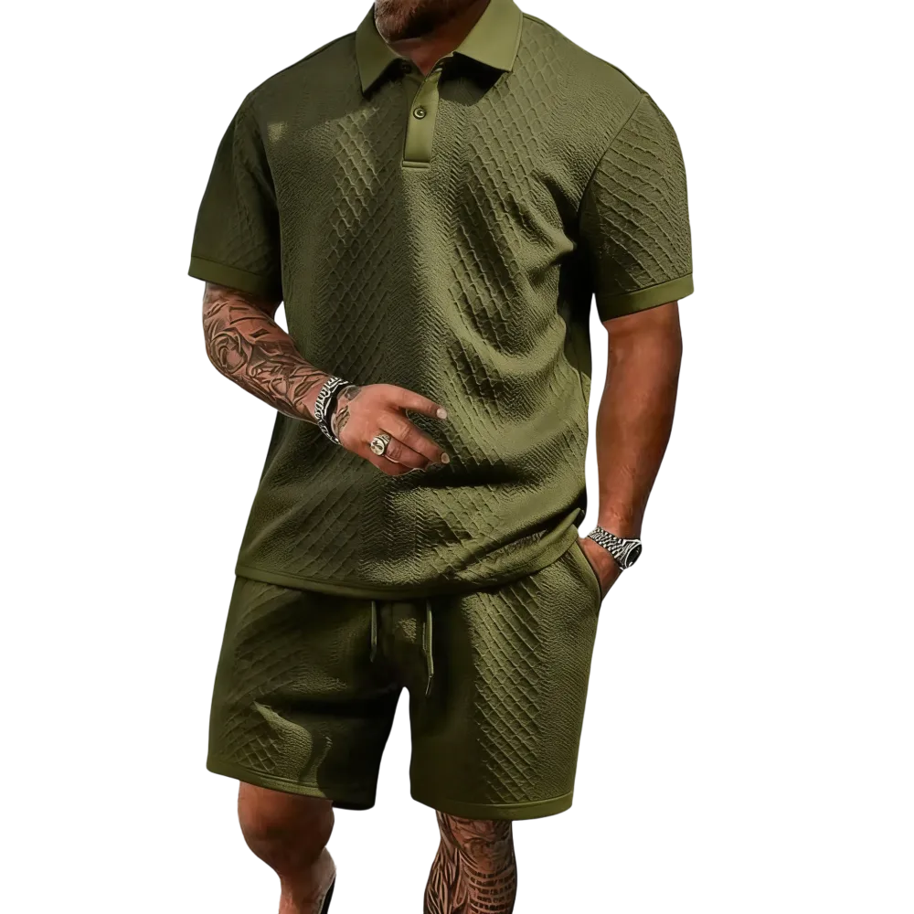 Men's summer casual texture fabric solid color polo shirt T-shirt shorts 2-piece set