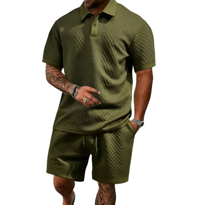 Men's summer casual texture fabric solid color polo shirt T-shirt shorts 2-piece set