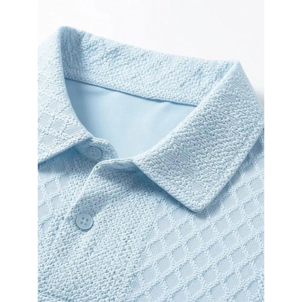 Men's summer casual texture fabric solid color polo shirt T-shirt shorts 2-piece set