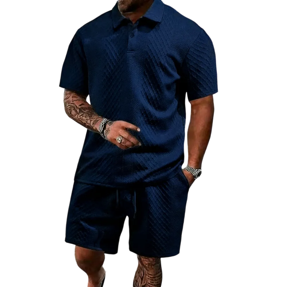 Men's summer casual texture fabric solid color polo shirt T-shirt shorts 2-piece set
