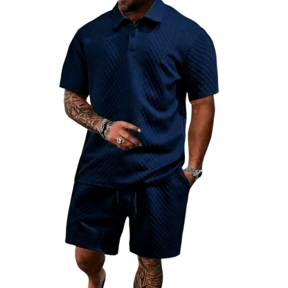 Men's summer casual texture fabric solid color polo shirt T-shirt shorts 2-piece set