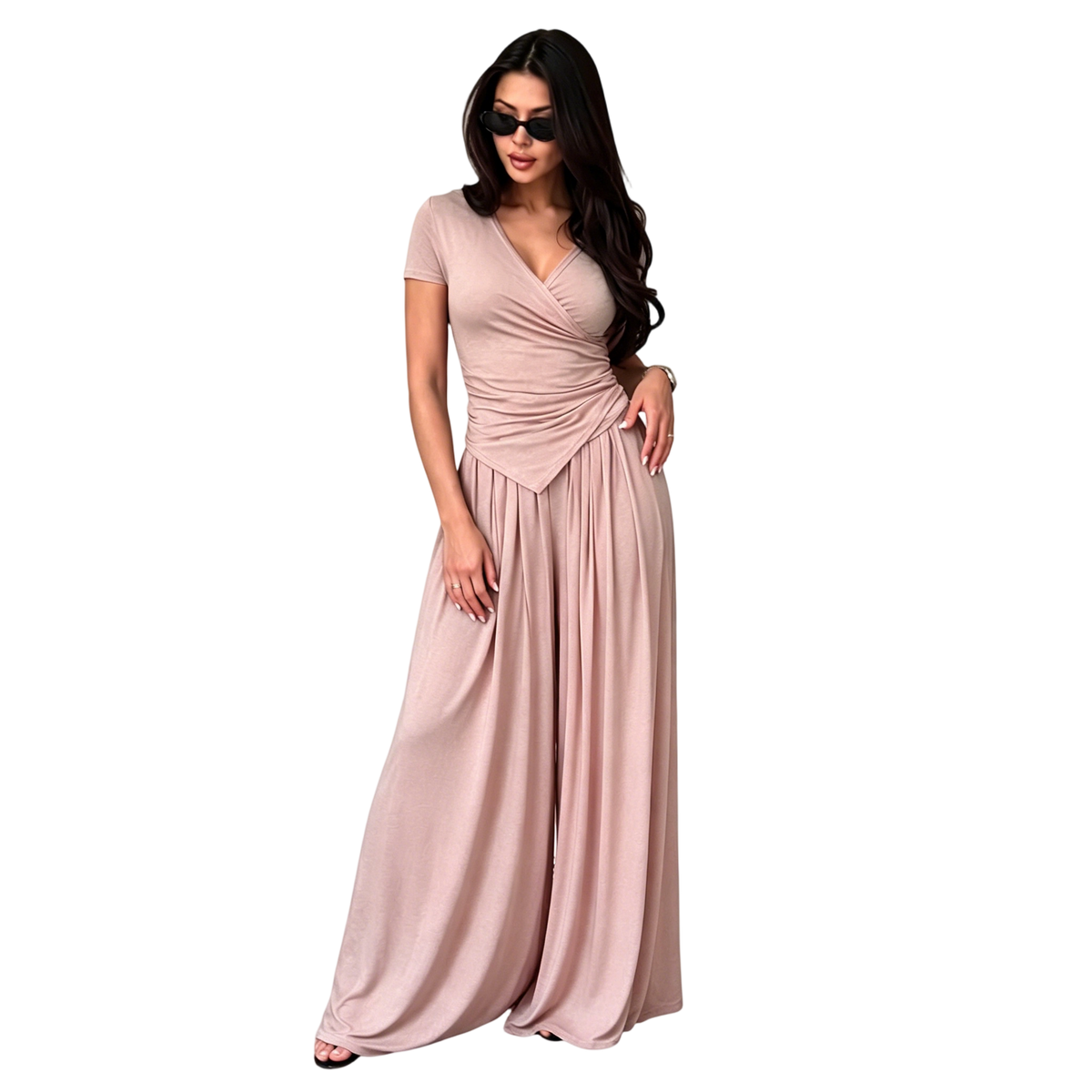 Women's Wrap V-Neck Wide Leg Two-Piece Set