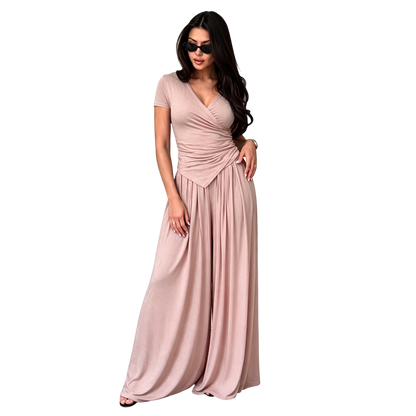 Women's Wrap V-Neck Wide Leg Two-Piece Set