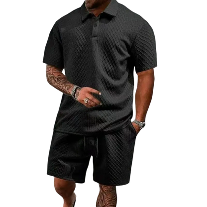 Men's summer casual texture fabric solid color polo shirt T-shirt shorts 2-piece set