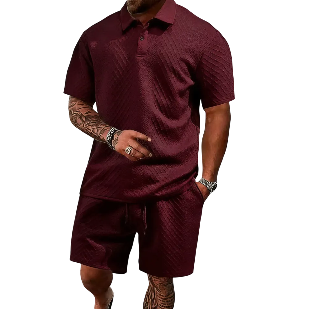 Men's summer casual texture fabric solid color polo shirt T-shirt shorts 2-piece set