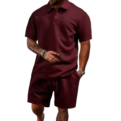 Men's summer casual texture fabric solid color polo shirt T-shirt shorts 2-piece set