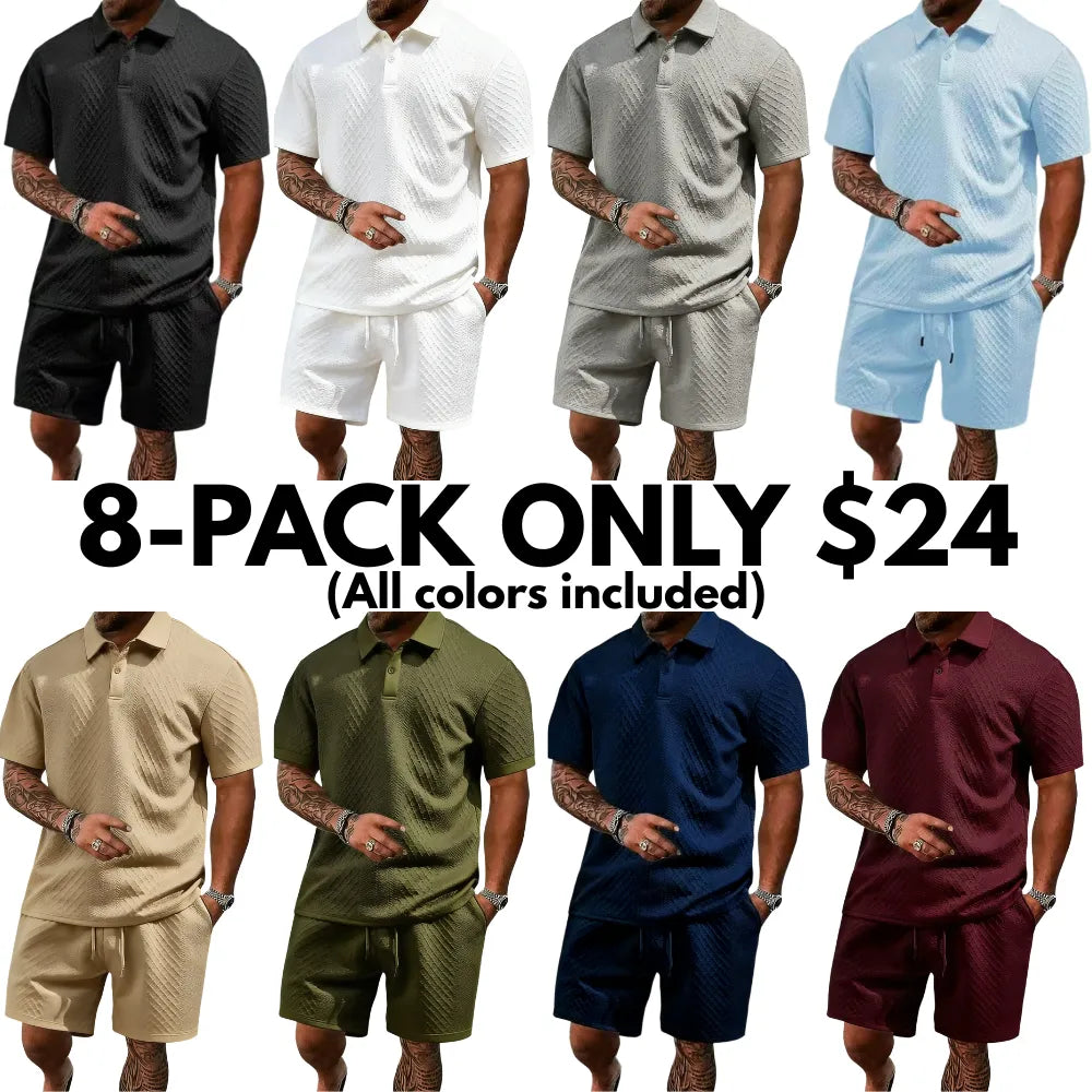 Men's summer casual texture fabric solid color polo shirt T-shirt shorts 2-piece set