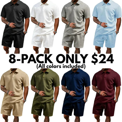 Men's summer casual texture fabric solid color polo shirt T-shirt shorts 2-piece set