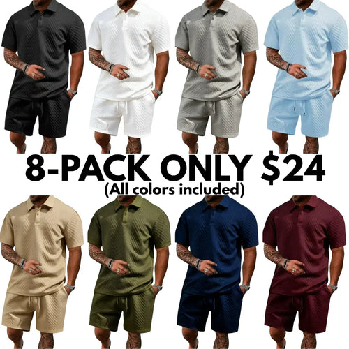 Men's summer casual texture fabric solid color polo shirt T-shirt shorts 2-piece set
