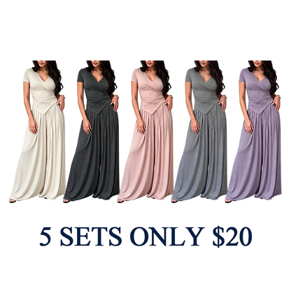 Women's Wrap V-Neck Wide Leg Two-Piece Set