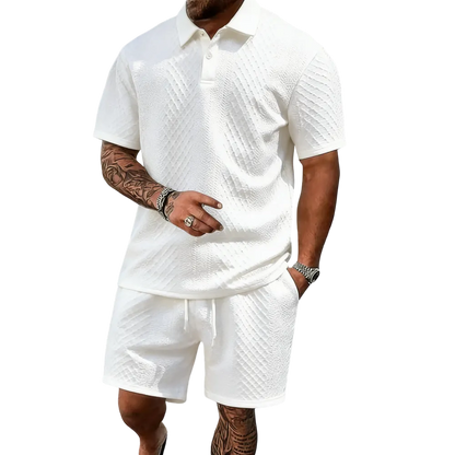 Men's summer casual texture fabric solid color polo shirt T-shirt shorts 2-piece set
