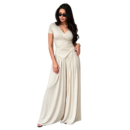 Women's Wrap V-Neck Wide Leg Two-Piece Set