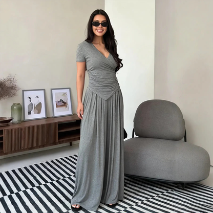Women's Wrap V-Neck Wide Leg Two-Piece Set