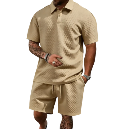 Men's summer casual texture fabric solid color polo shirt T-shirt shorts 2-piece set